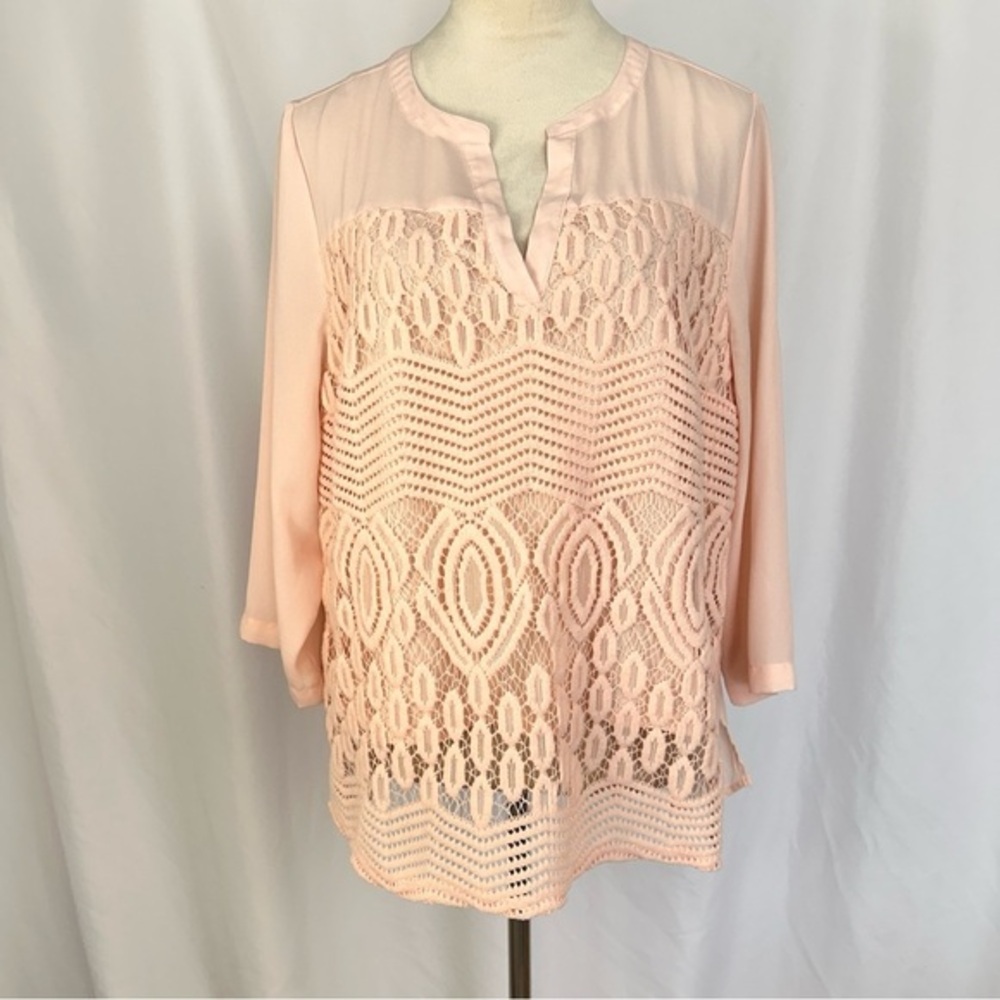 Zac & Rachel Blouse Womens Petite XL Lace Pattern Front Chiffon V-neck Pink